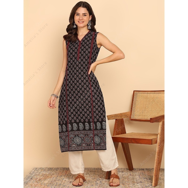 Summer Clothing Pakistan - Túnica Kurta de Algodão Preto e